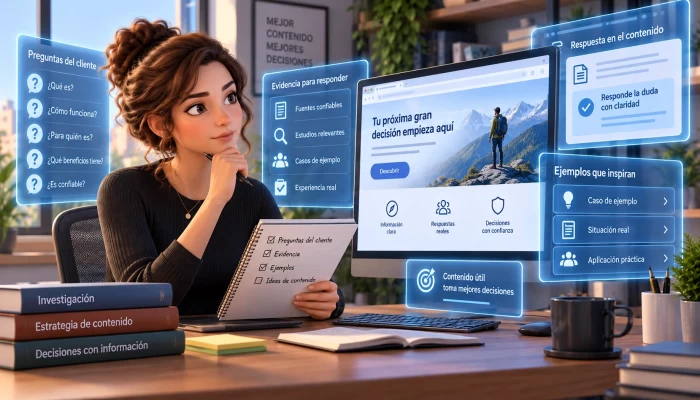 Animated specialist compares content and evidence with digital panels outside the monitor.