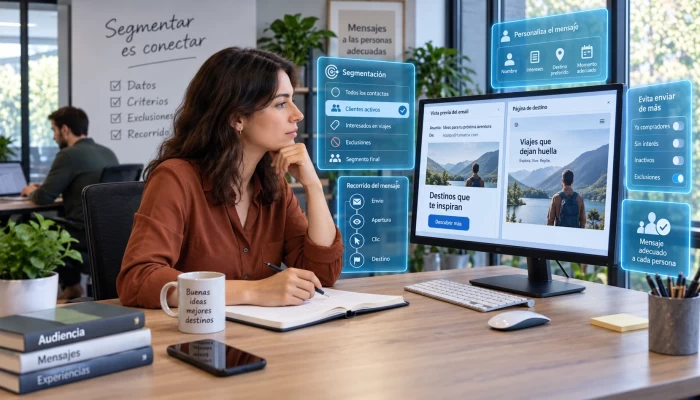 Specialist compares segmentation criteria and email exclusions with floating interfaces.