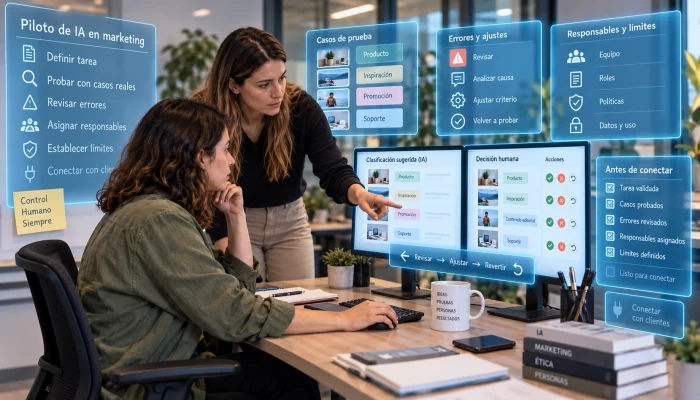 Developer and reviewer compare AI suggestions and human decisions at floating interfaces.