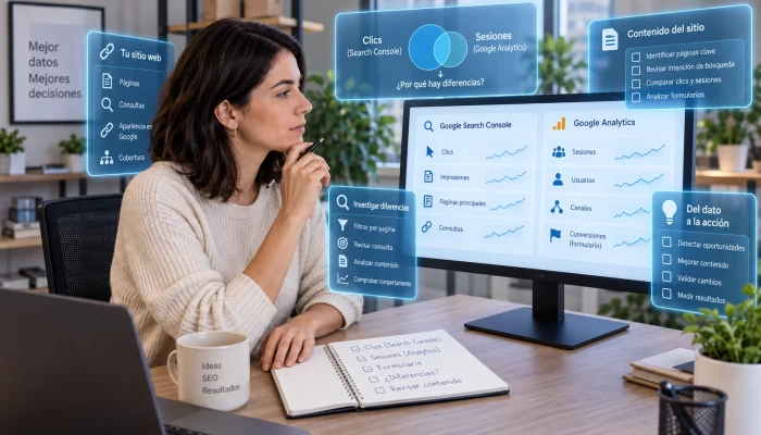 Specialist contrasts evidence from Search Console and Analytics with digital panels outside the monitor.