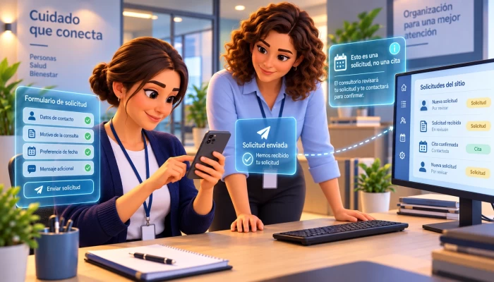 Animated personnel test a mobile demand with floating screens and acceptance confirmation.