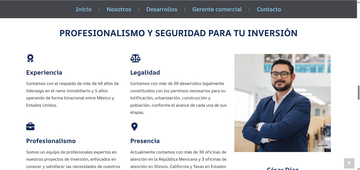 Captura real del bloque de profesionalismo, legalidad, experiencia y presencia con César Díaz