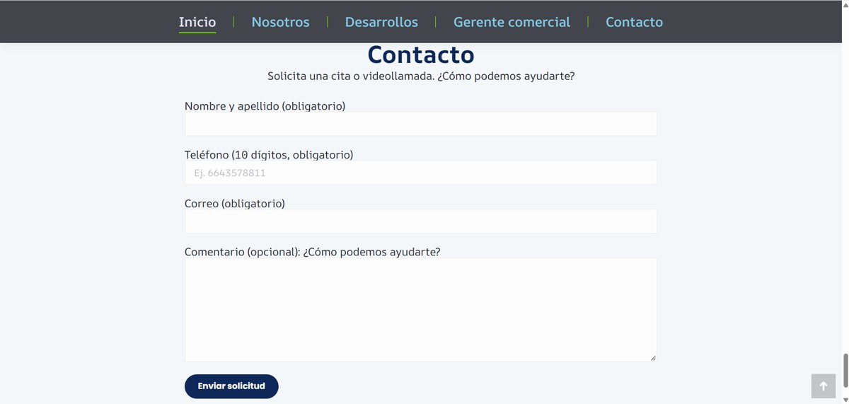 Captura real del formulario de contacto