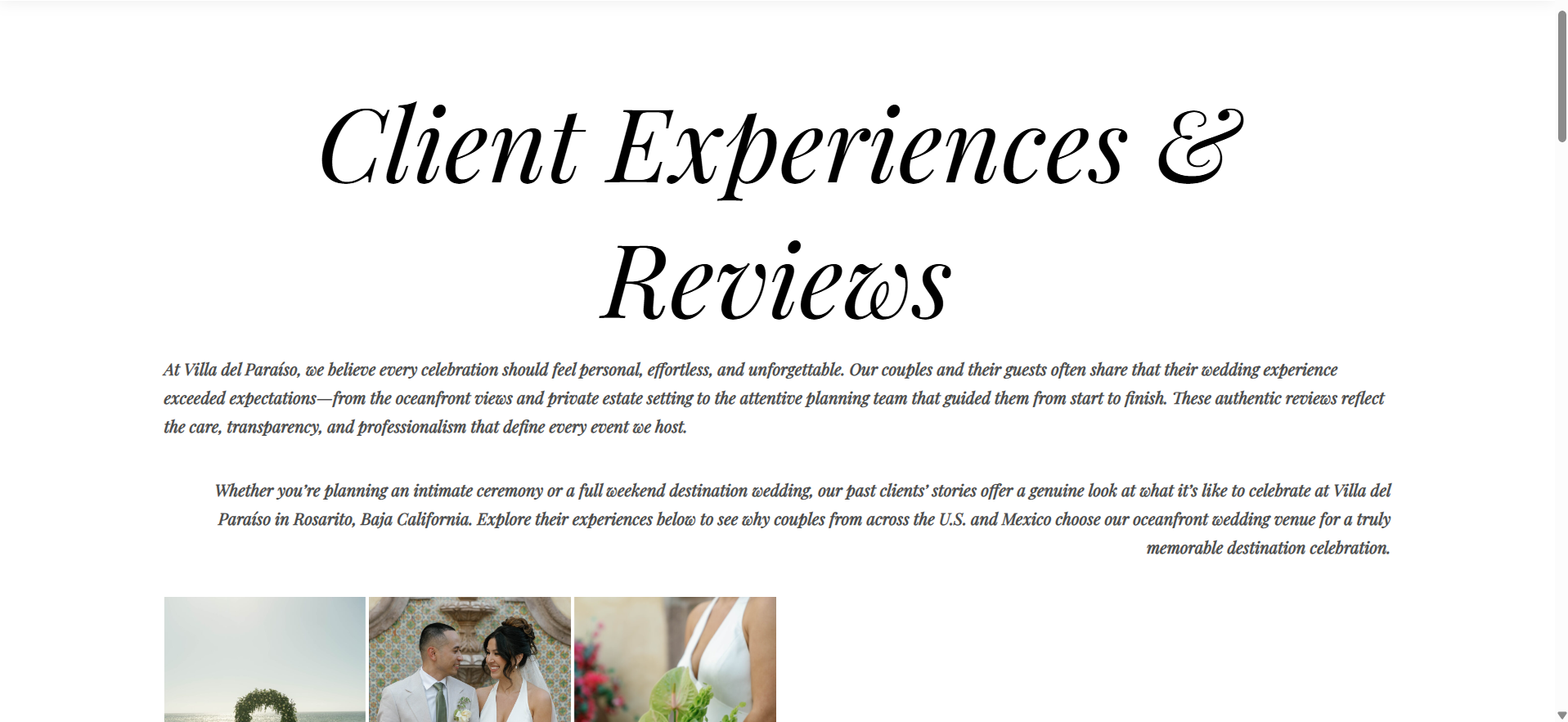 Client Experiences & Reviews: reseñas en el sitio de Villa del Paraíso